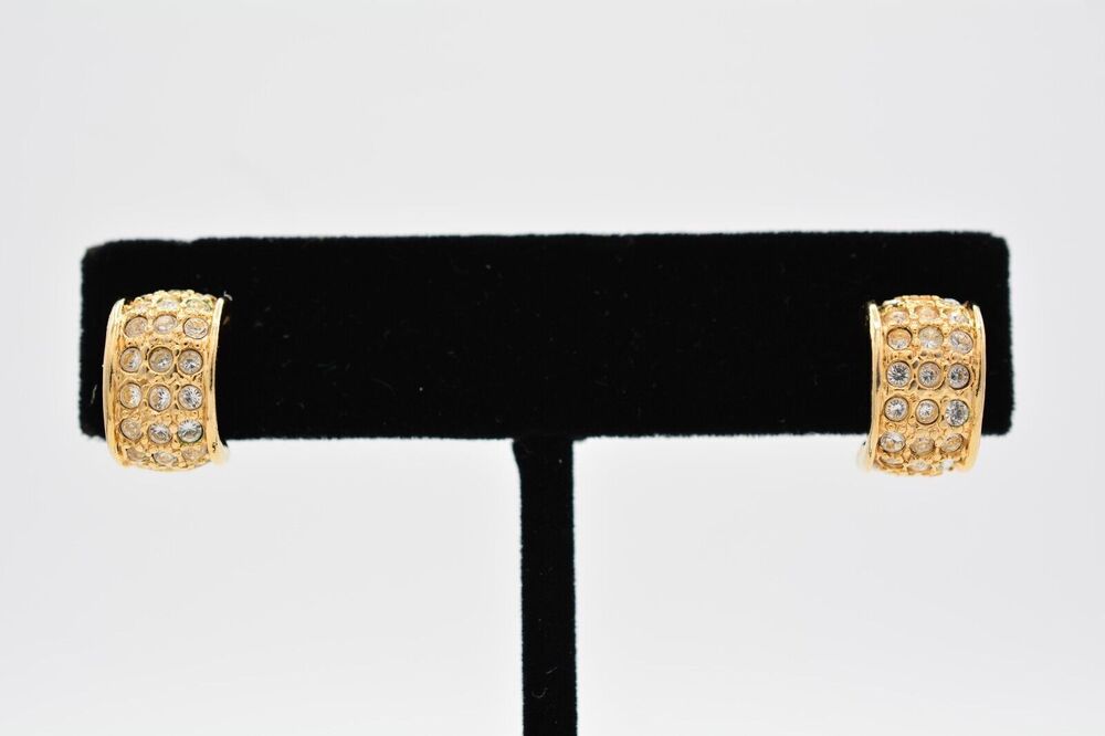 JJI Vintage Hoop Earrings Rhinestone Crystal Gold Tone Signed 9L